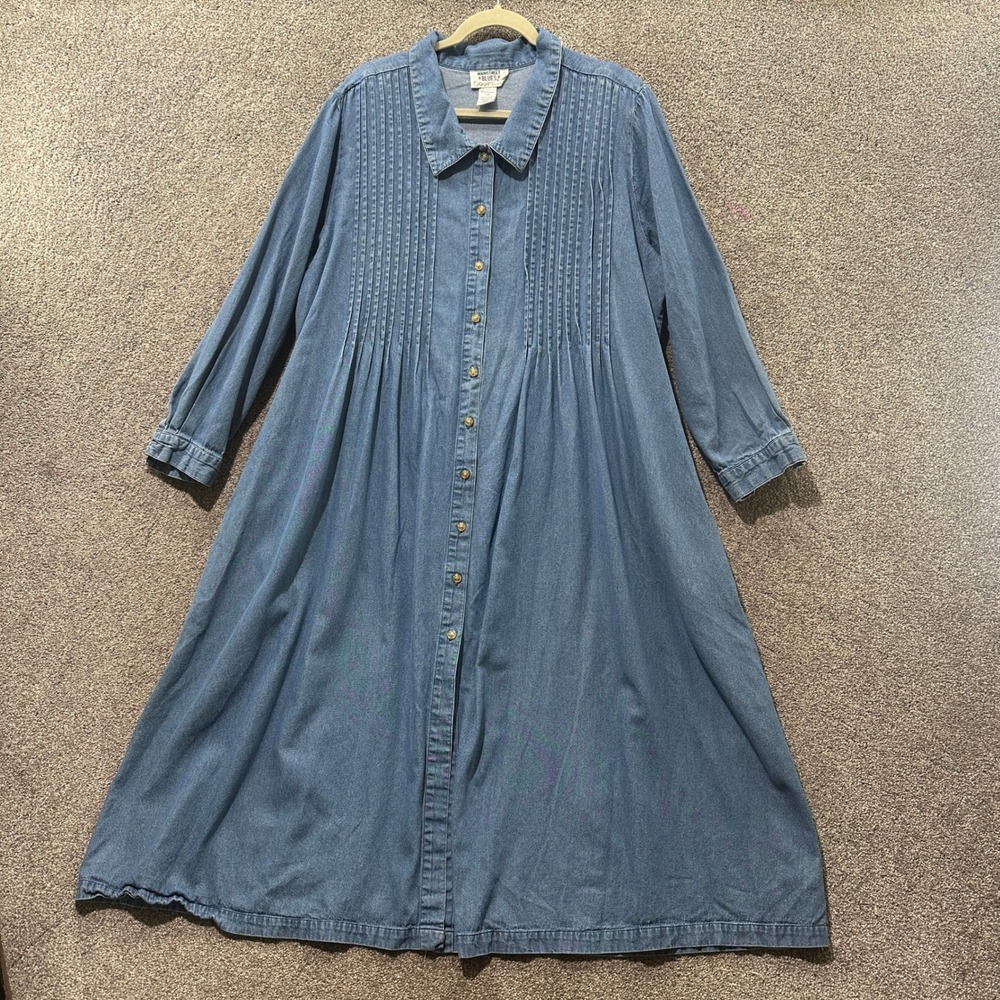 Mainstreet Blues Women 24W Denim Maxi Shirt Dress Pintuck Pleated Blue Cotton